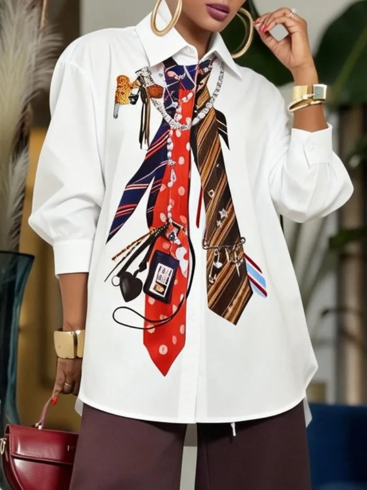 Yeezzi 2026 New Trendy Tie Printed White Shirts For Women Puff Sleeves Loose Buttoned Asymmetric Hem Streetwear Blouses