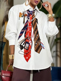 Yeezzi 2026 New Trendy Tie Printed White Shirts For Women Puff Sleeves Loose Buttoned Asymmetric Hem Streetwear Blouses