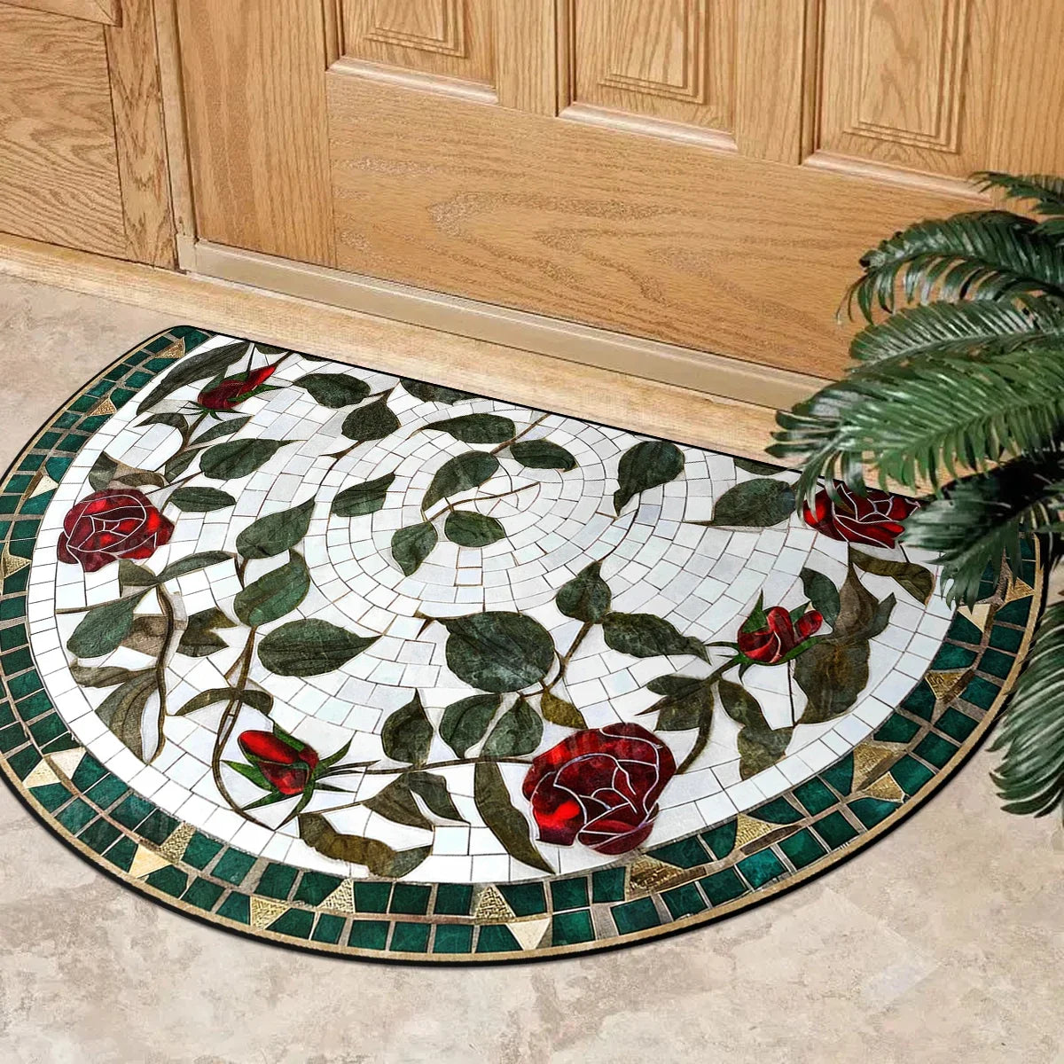 FLORAL SEMI-CIRCLE DOORMAT - Short-Loop Polyester, 8 Patterns & 9 Sizes - Soft Entries
