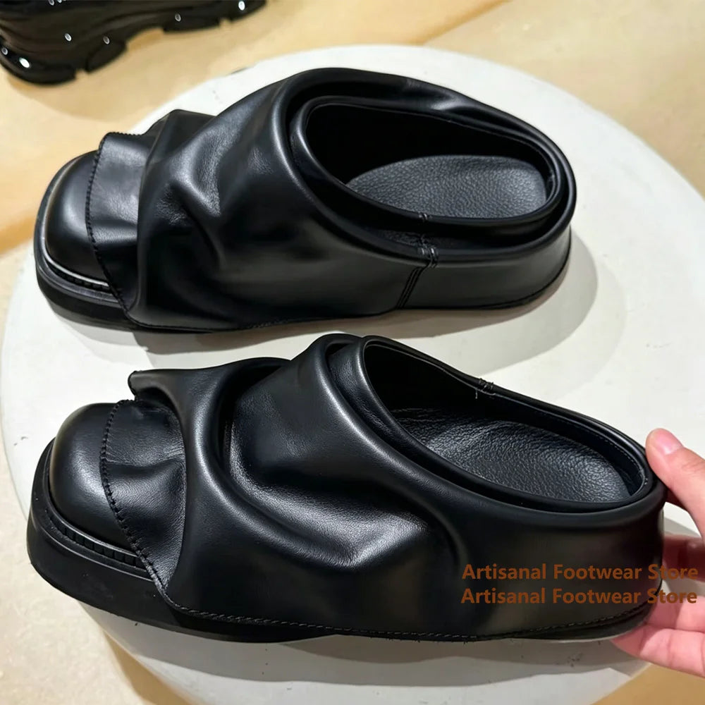RUCHED PLATFORM - Square Toe Slide Mules - Thick Sole, Height Boost