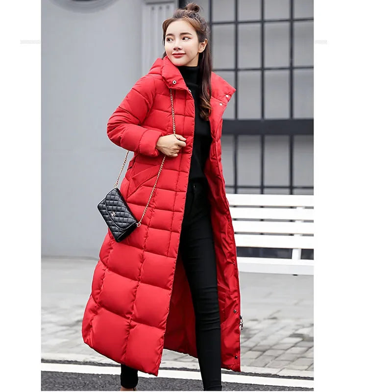 Long Fur Collar Parka – Over-Knee Hooded Padded Coat