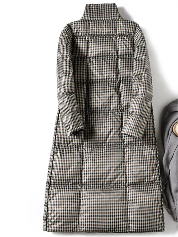 Plaid Double-Sided Down Coat – 85% Duck Down Long