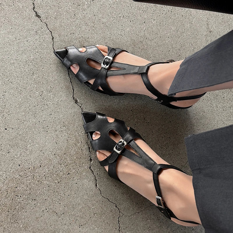 Cow Leather Pointed Toe Hollow-out Ankle Strap Mid Heel  Sandals High Quality Soft Comfortable Elegant Ladies Slim Daily Shoes