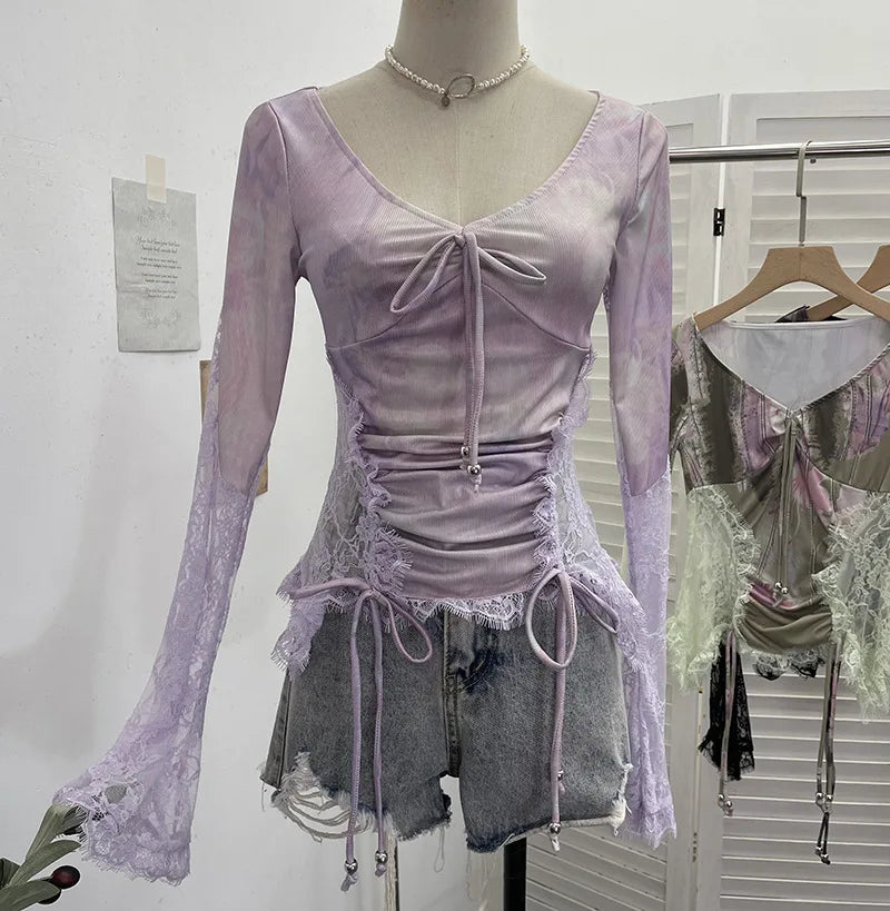 ISAROSE Vintage Stretch Tees for Women V Neck Side See-through Lace Patchwork Flare Sleeves Slim Ruched T-shirt Short Tops
