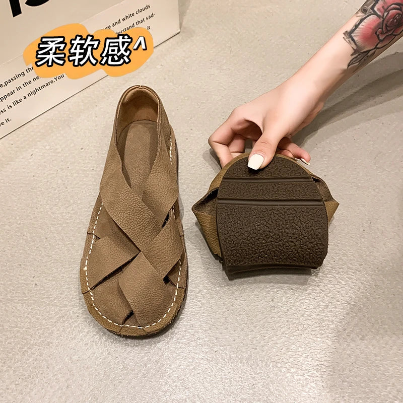 2024 Leather Women's Sandals Top Layer Cowhide Handmade Woven Women's Casual Flats Retro Mori Girl Shoes