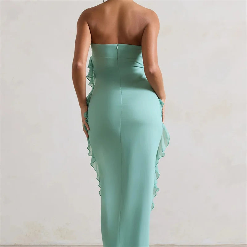 Mint green strapless 3D floral slit evening dress, fitted bodycon dress for dates, vacations, and parties