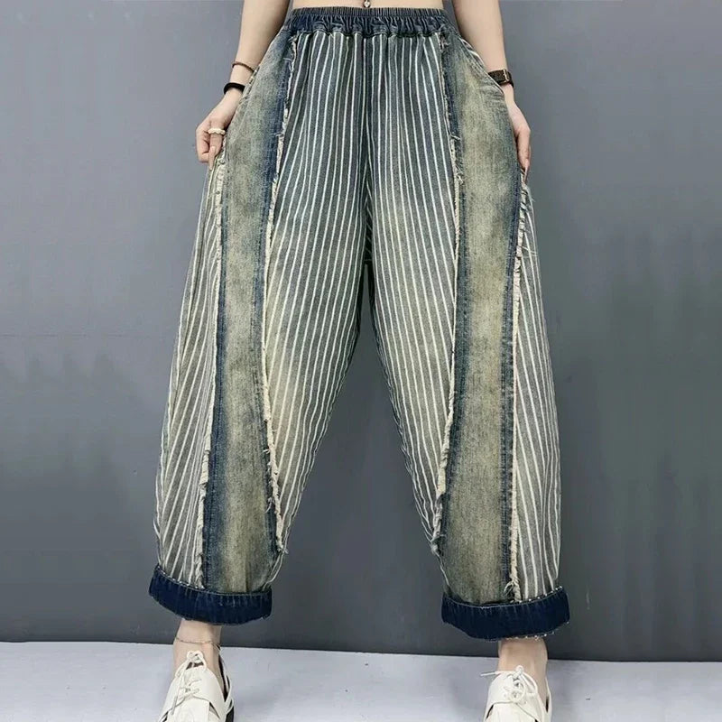 Amax luluE 2024 Summer Females Fashion Denim Pants Women Loose Vintage Striped Design Jeans Ladies Casual Classic Harem Trousers