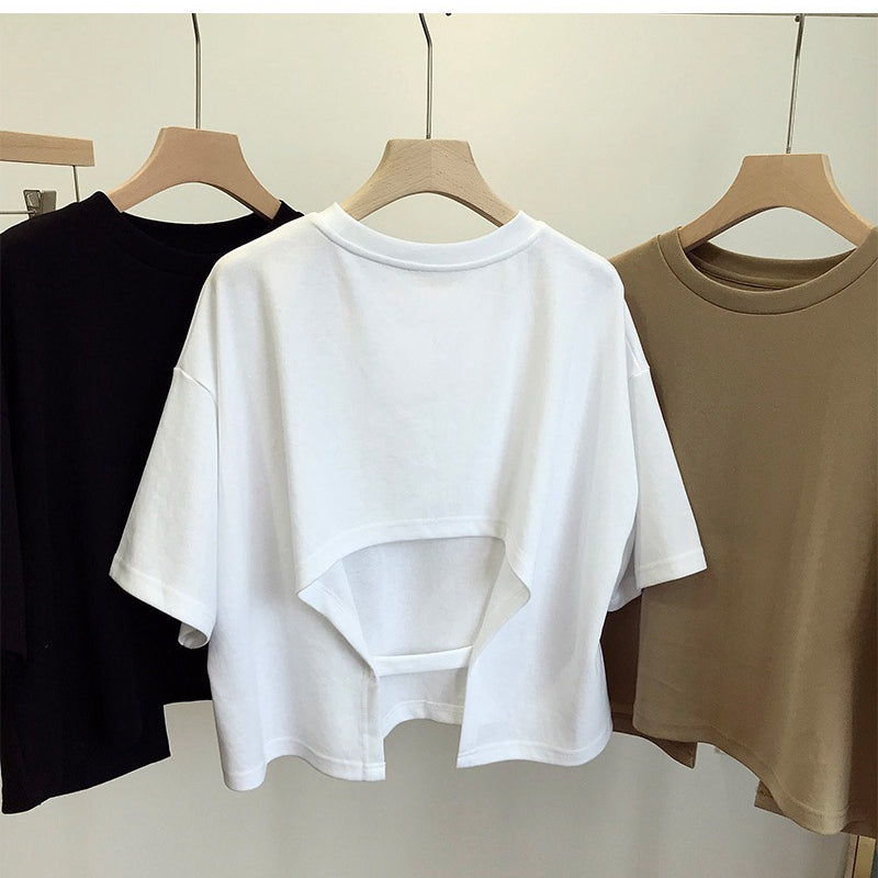 Summer Vintage Women's Short Sleeve Tee Korean Casual Backless Oversize T-Shirt Round Neck Short-Sleeved Crop Tops Y2k Brown Top