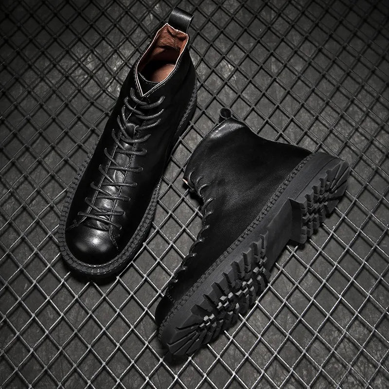 Men's Handmade Genuine Leather Motorcycle Boots - British Vintage High Top Lace-Up Winter