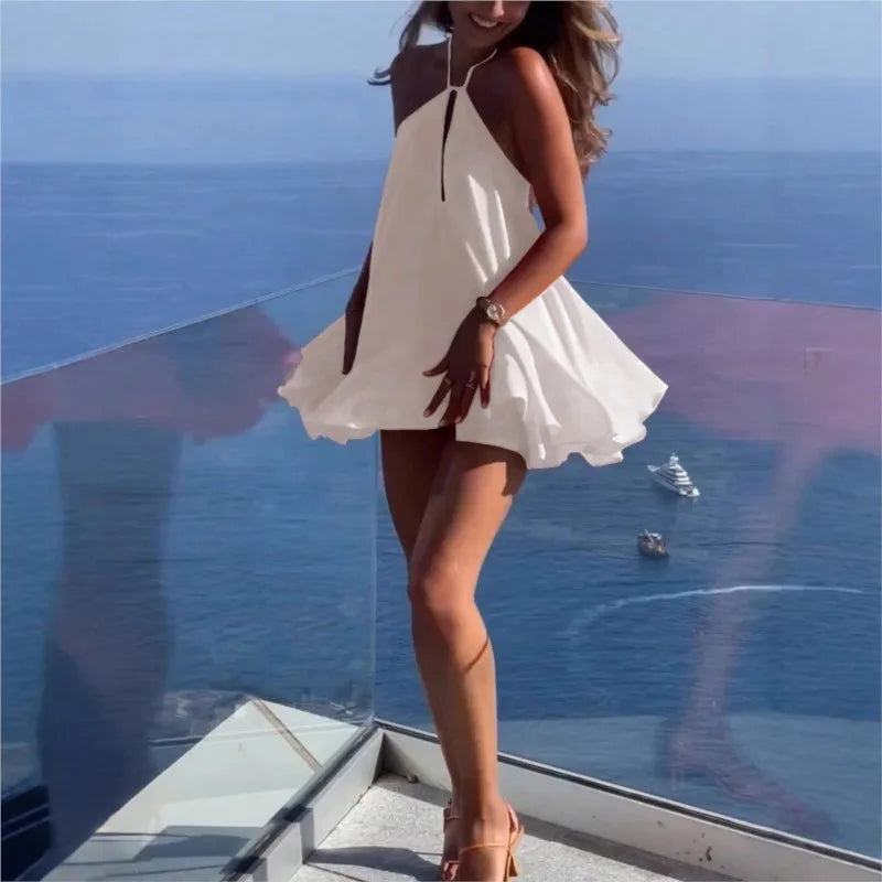 Sexy Off Shoulder Hanging Strap Loose Mini Dresses Sleeveless Hollow Out Deep V-neck Beach Dress Backless Women  Summer Vestidos