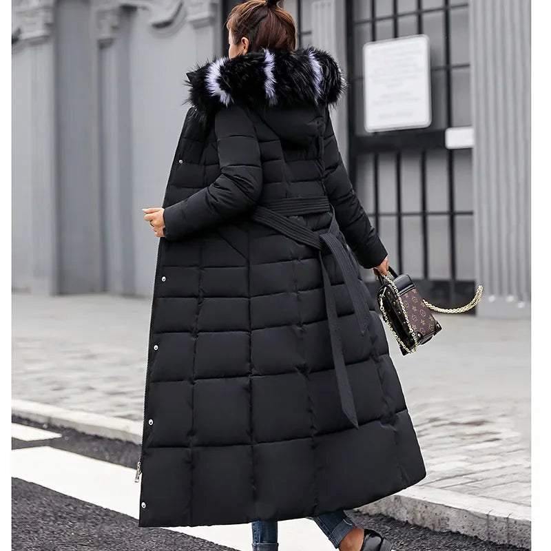 Long Fur Collar Parka – Over-Knee Hooded Padded Coat