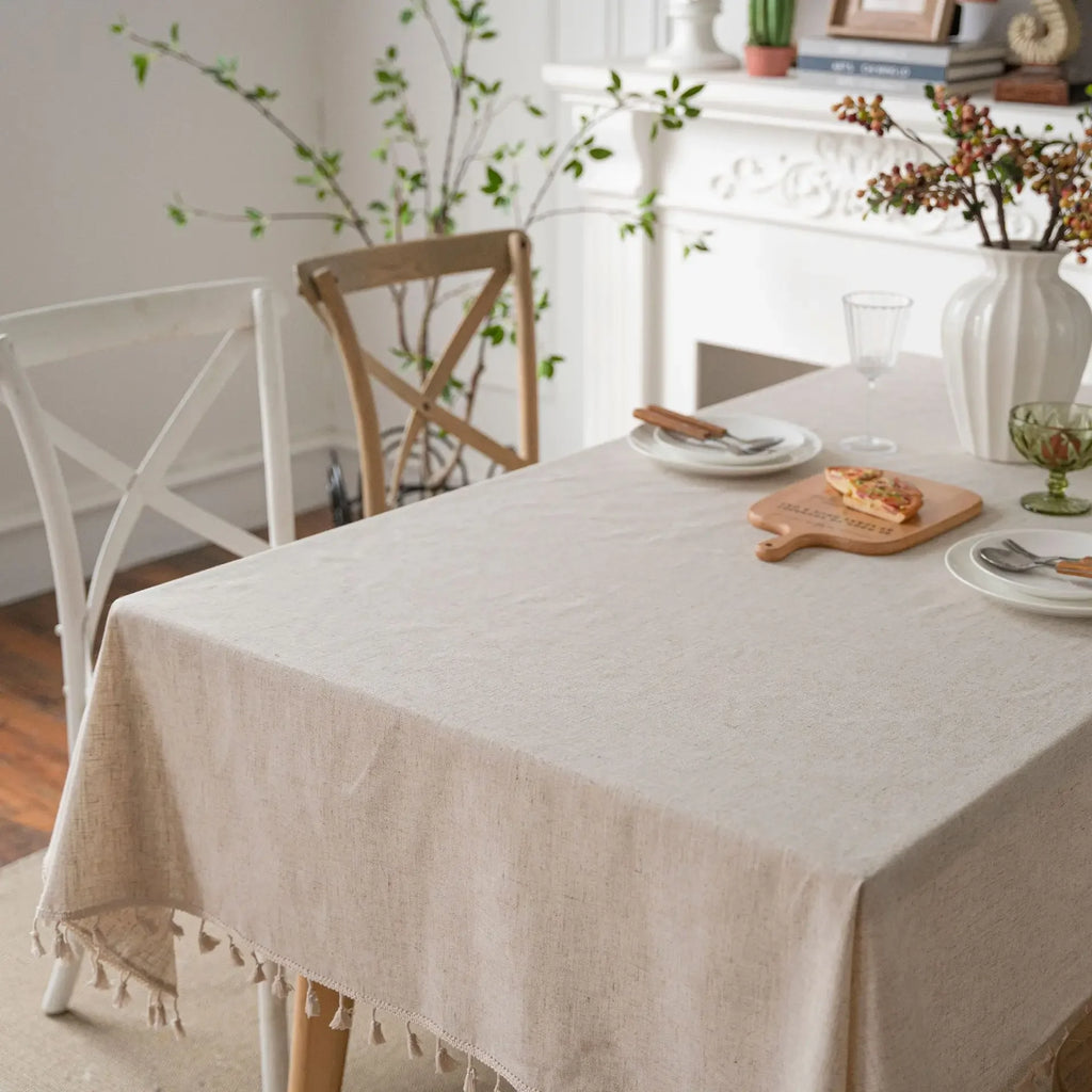 TASSEL TABLECLOTH - Cotton-Linen Blend, 3 Styles - Rustic Dining