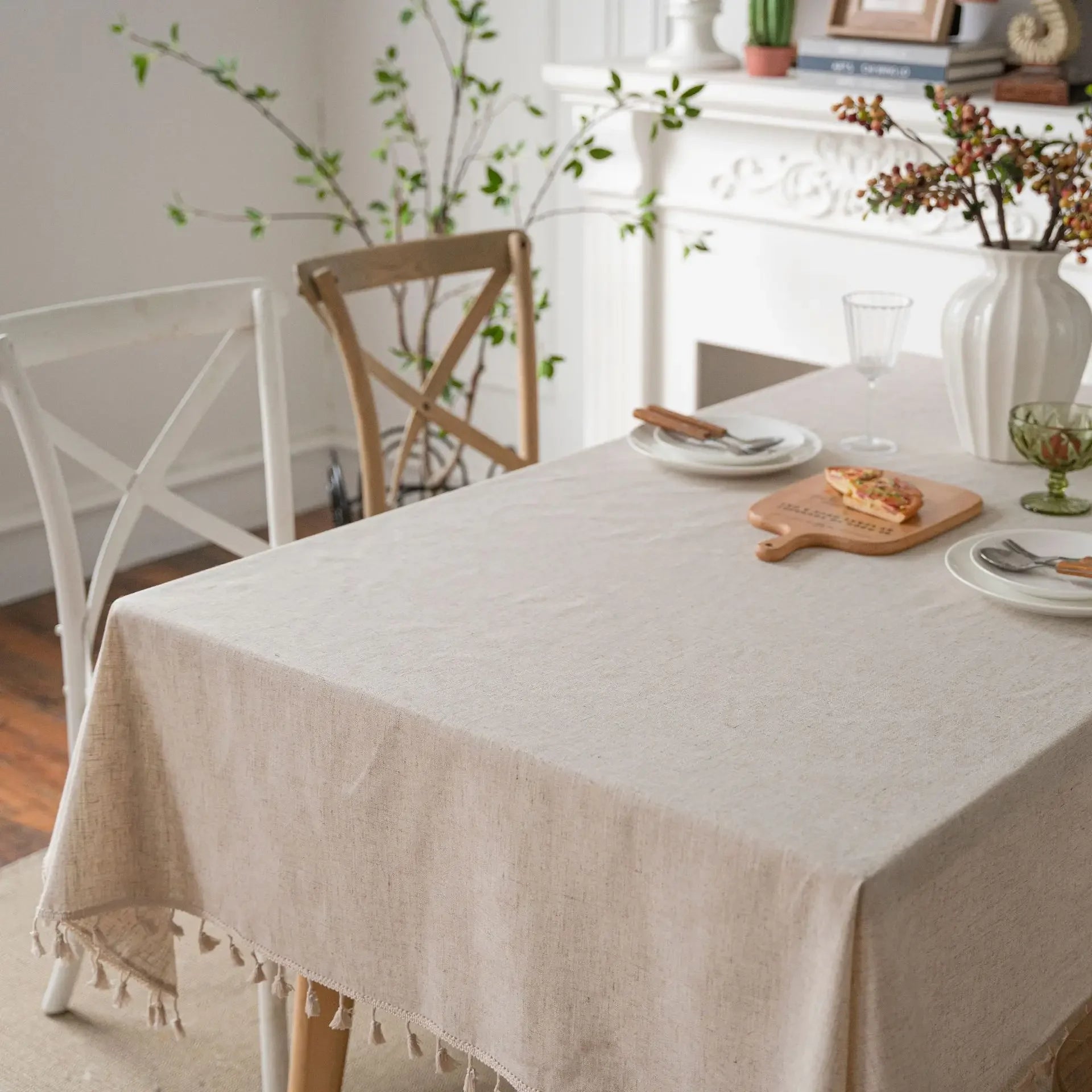 TASSEL TABLECLOTH - Cotton-Linen Blend, 3 Styles - Rustic Dining