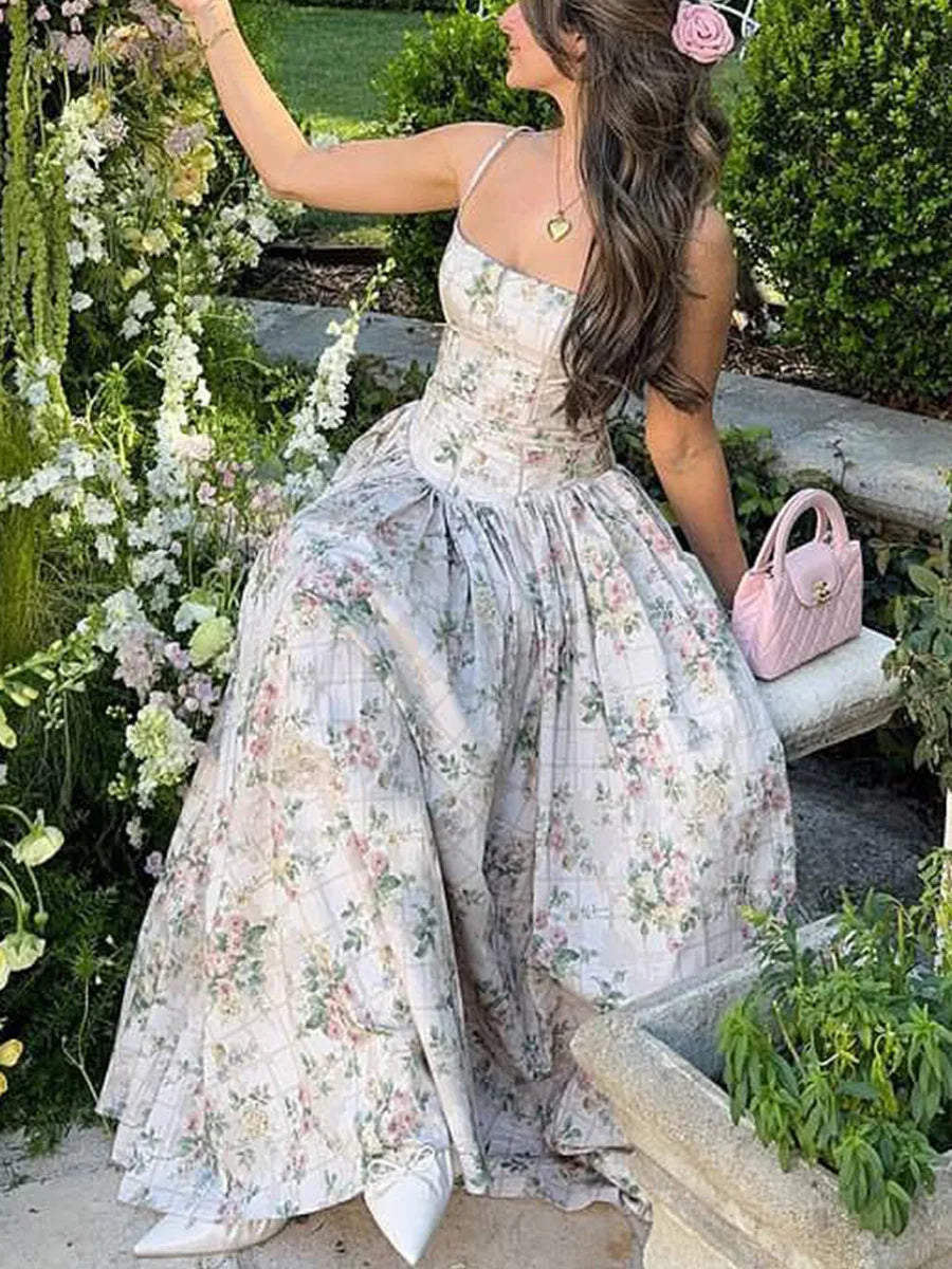 Sexy Floral Long Sun Dress Women's Hollow Out Sundress High Waist Suspenders Maxi Dresses Female 2025 Summer Yellow Festival New