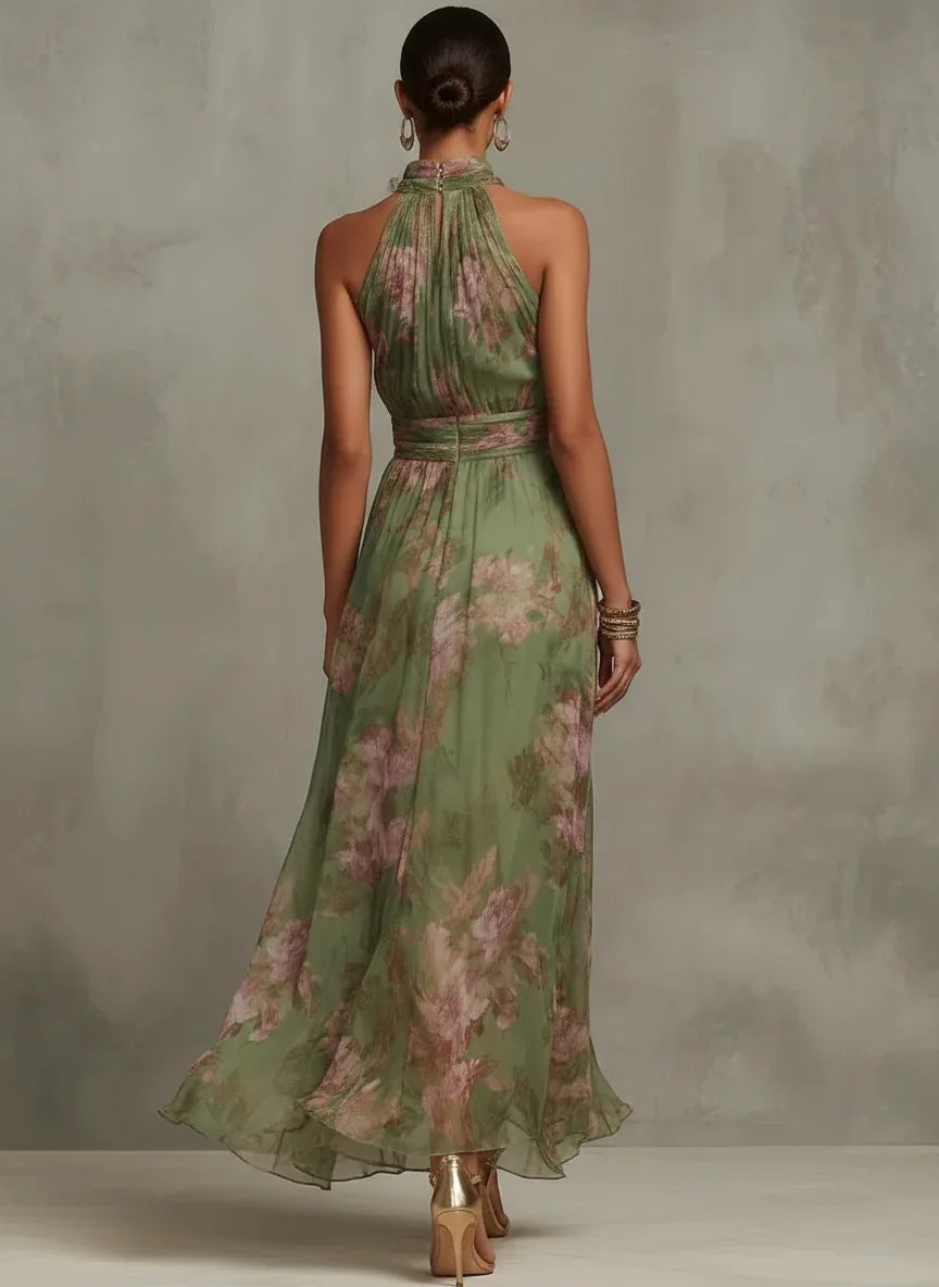 Women's Green Floral Print Halter Maxi Dress Sleeveless High Neck Ruched Waist Chiffon Flowy Evening Party Dress