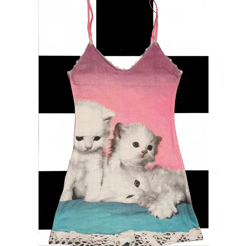 Y2K Cat Print Dress European American Summer Retro Pink Pure Desire Suspender