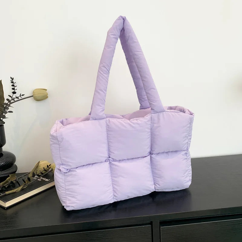 Women Tote Handbags Quilted Plaid Bag Retro Trendy Checkered Waterproof Shoulder Bag Solid Color Winter Soft Large Capacity Bags