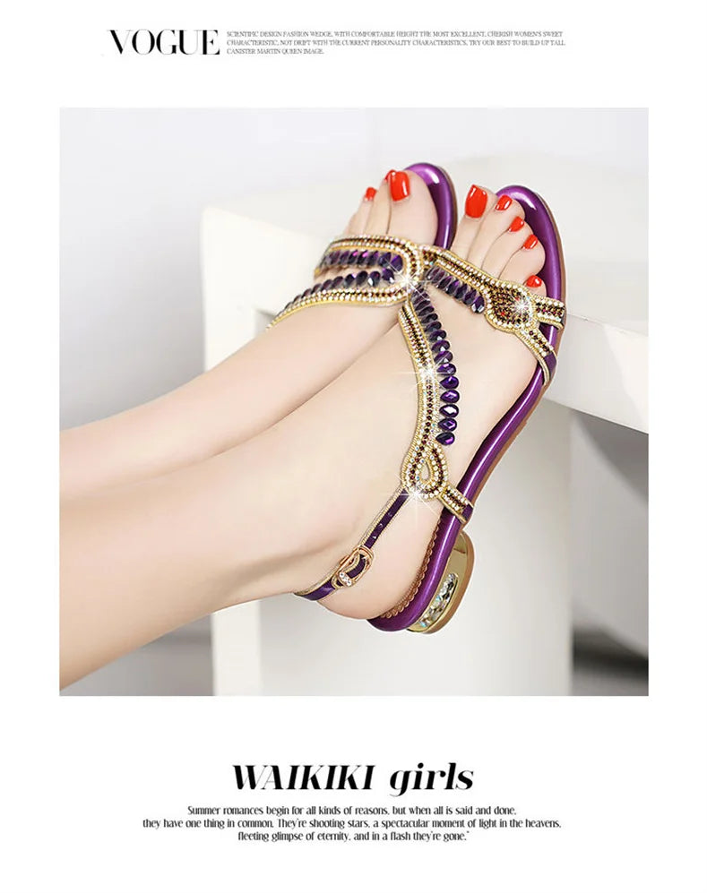 High-grade Rhinestones Fashion New Women's Summer Young Elegant Sandals Thick Heel Leisure Flat Bottomed Beach Sandals