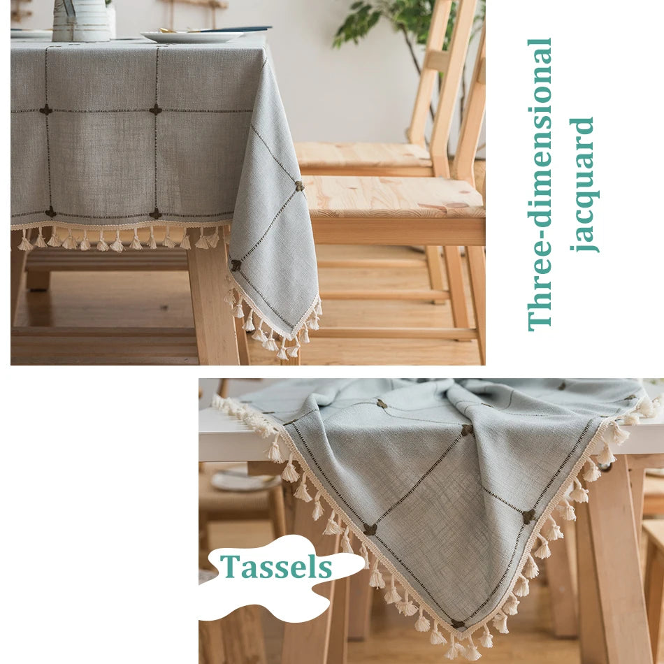 EMBROIDERED LINEN TASSEL TABLECLOTH - Handmade Cotton Linen Cover - Soft & Elegant