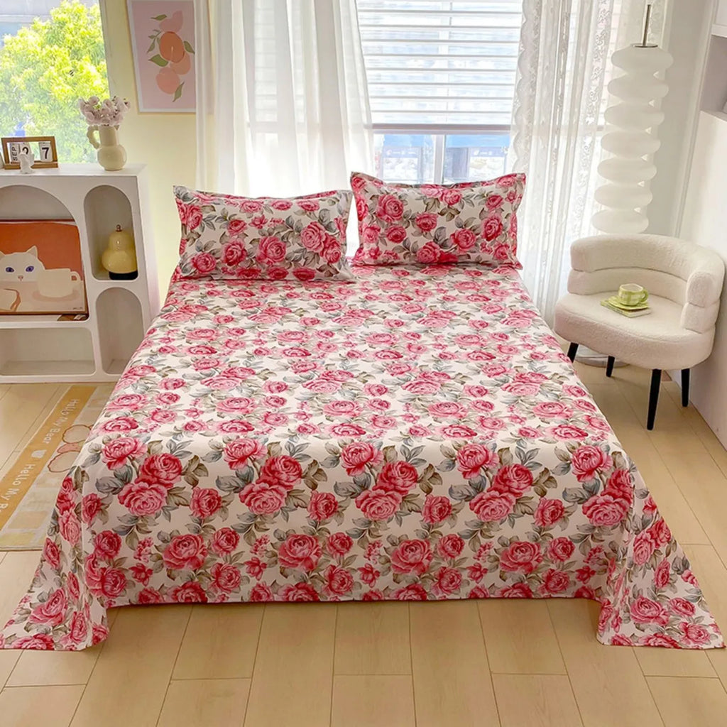 BLOOM FLAT SHEET - Red Flower Printed Bed Sheet - Soft, Vivid & Made to Last