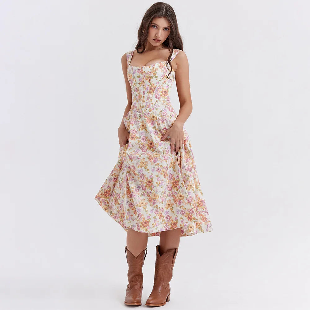 Vintage Floral Print Corset Midi Sun Dress Women's Pockets Dresses Female Bandage Sundress Red Green Blue Summer White Black New