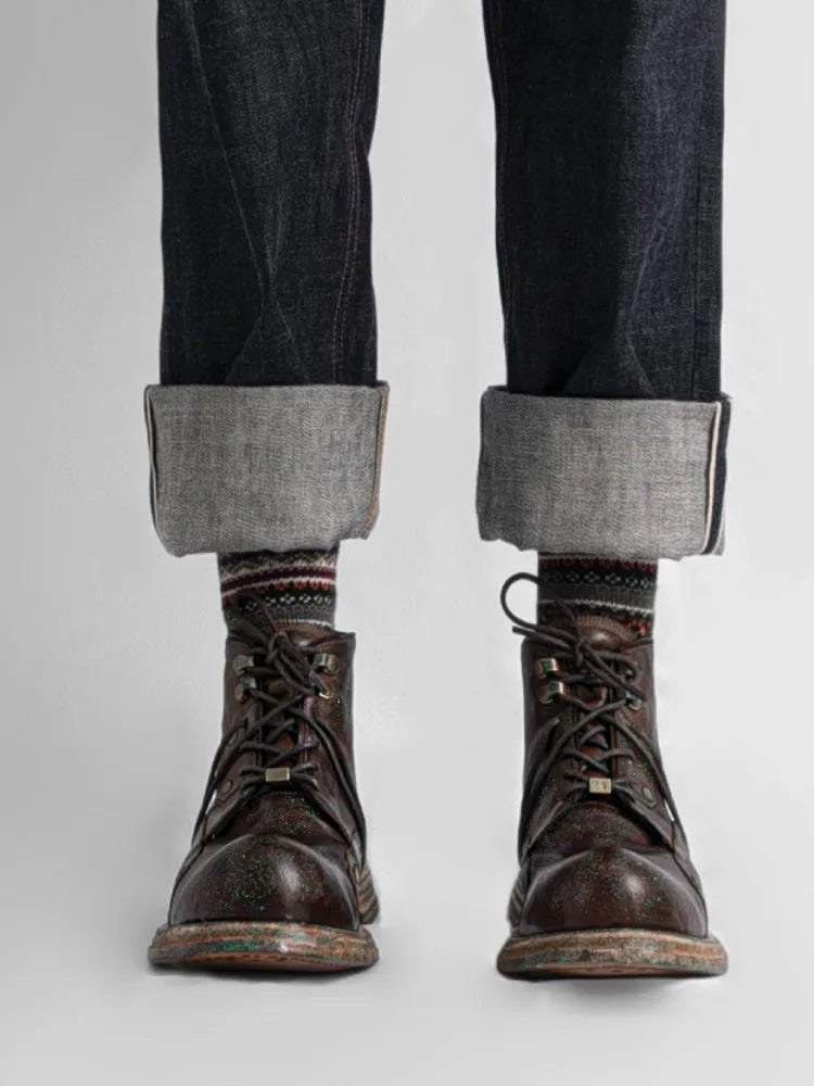 Vintage Cargo Motorcycle Boots - Handmade Genuine Leather High-Top Retro Plus Size
