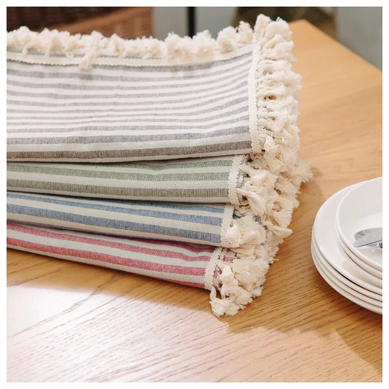STRIPED COTTON LINEN TABLECLOTH - Tassel Trim, 5 Colors & 11 Sizes - Laid Tables