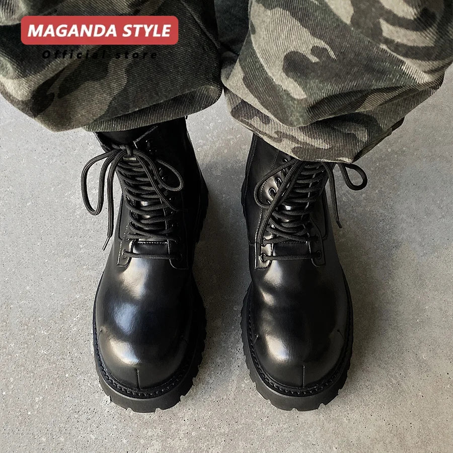 Men's Microfiber Motorcycle Ankle Boots - Color-Block Thick Sole Height Increasing Street Style