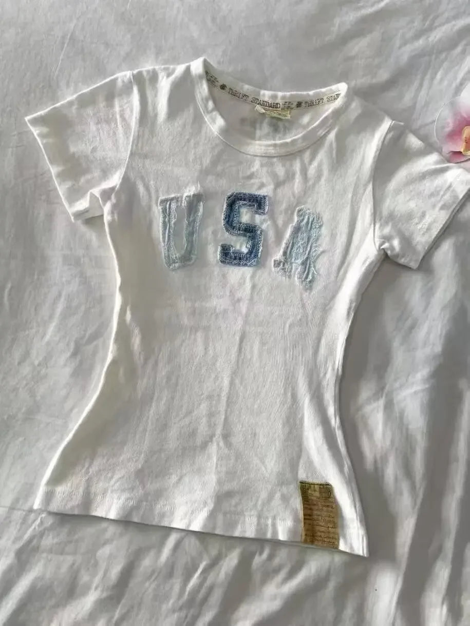 American retro vintage letter polo shirt patchwork short sleeved polo shirt women summer top trend shirts women streetwear