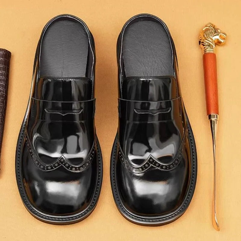 Men's Genuine Leather Platform Mules - Round Toe Slip-On Formal Half Shoes