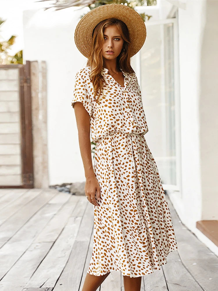 Rust Spotted Print Shirt Midi Dress – Short Sleeve Drawstring Waist