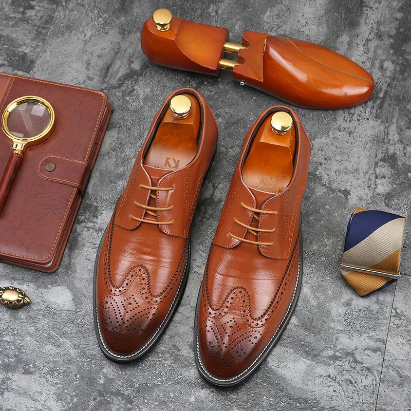 Men's Wingtip Oxford Shoes - Pointed Toe Lace-Up Business Dress Large Sizes