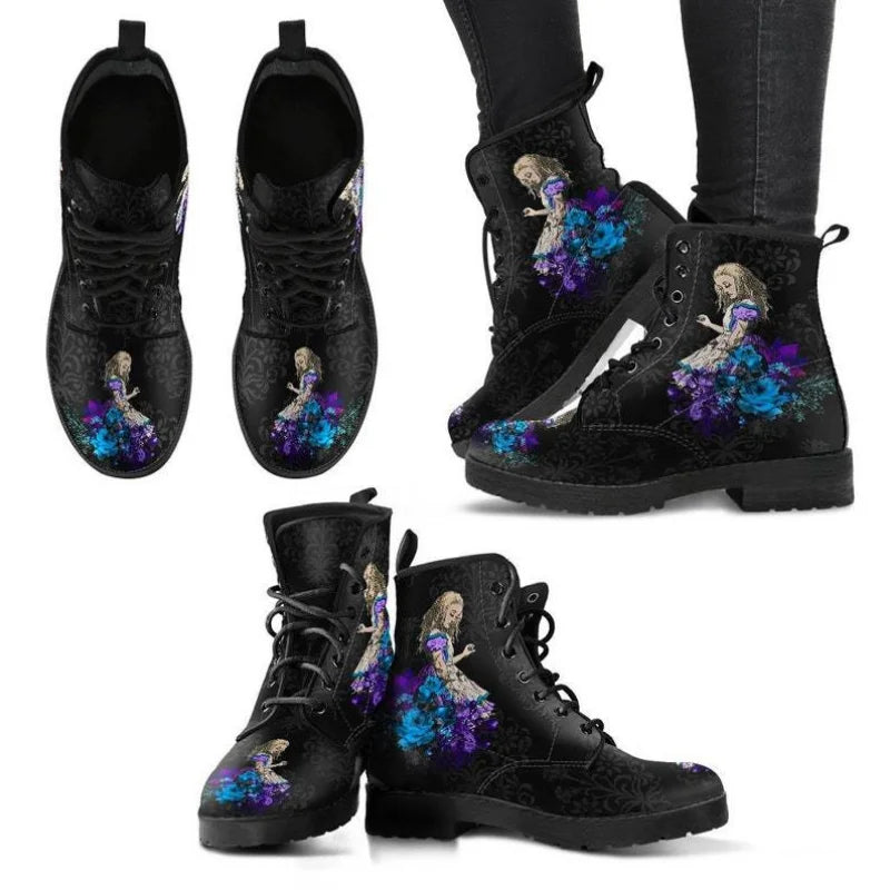 Women's Autumn Short Boots British Style Tooling Boots Skull Print Flower High-top Ladies Ankle Boots Vintage Botte Femme Hiver