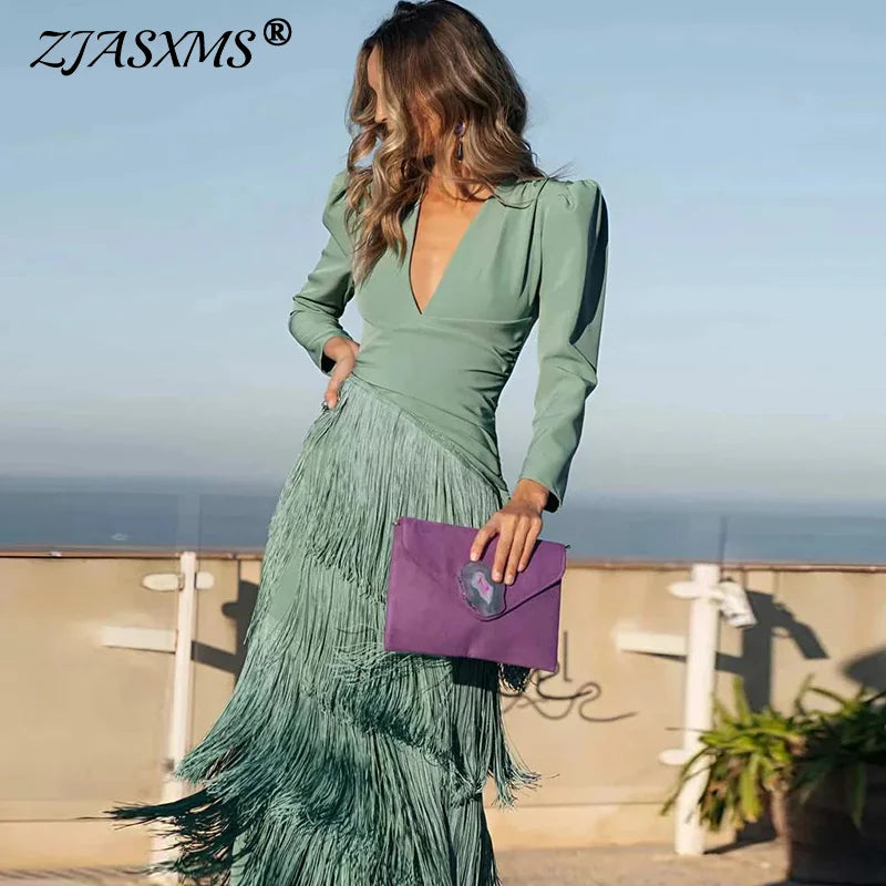 Long Sleeve Spliced Tassel Party Dresses Woman Elegant Deep V Neck Sheath Long Dress Fashion Solid Pleated Bohemian Dress