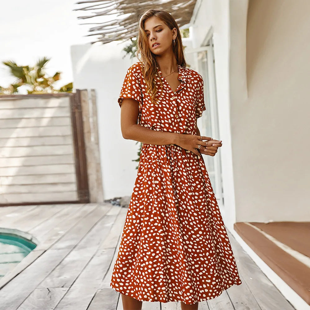 Rust Spotted Print Shirt Midi Dress – Short Sleeve Drawstring Waist