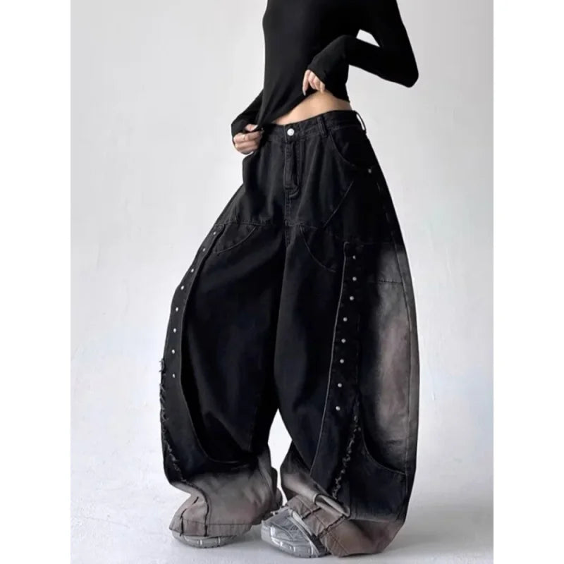 Y2K Patchwork Baggy Wide Leg Jeans - Vintage Wash