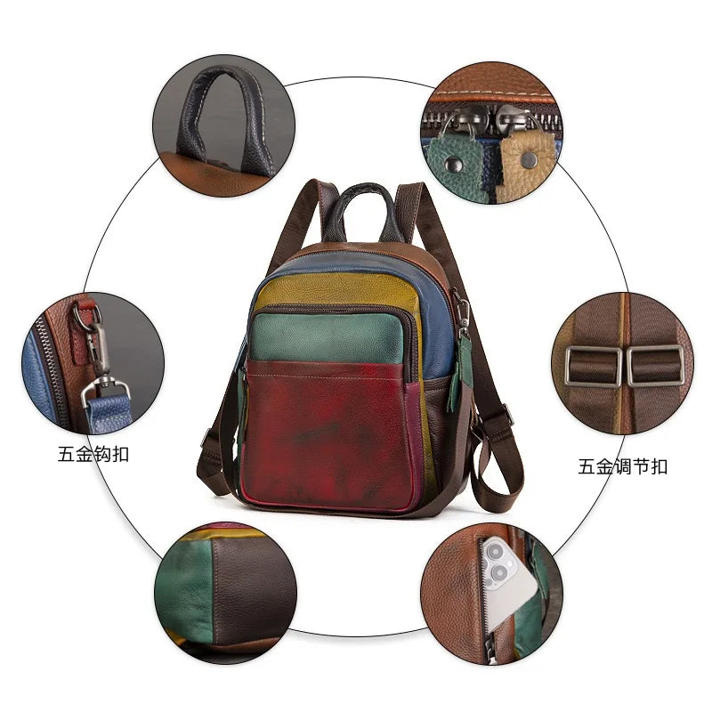 Patchwork Genuine Leather Backpack Women Cowhide Multicolor