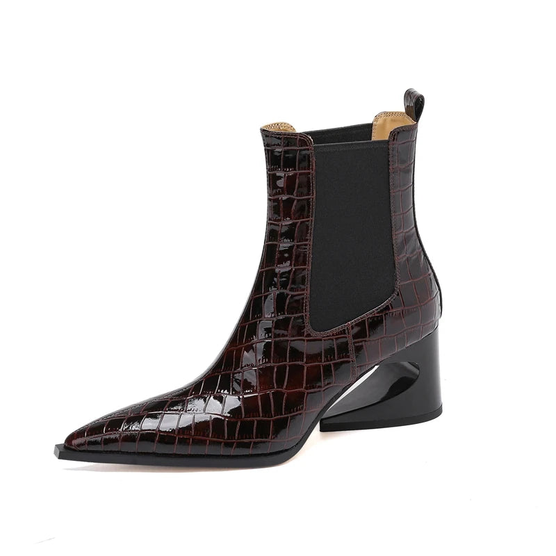 Genuine Leather Chelsea Boots – Embossed Pointed Irregular Heel