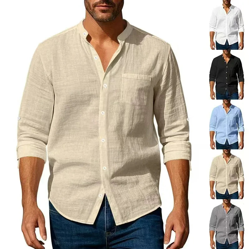 STAND COLLAR COTTON SHIRT - Long Sleeve, 5 Colors - Easy Summers