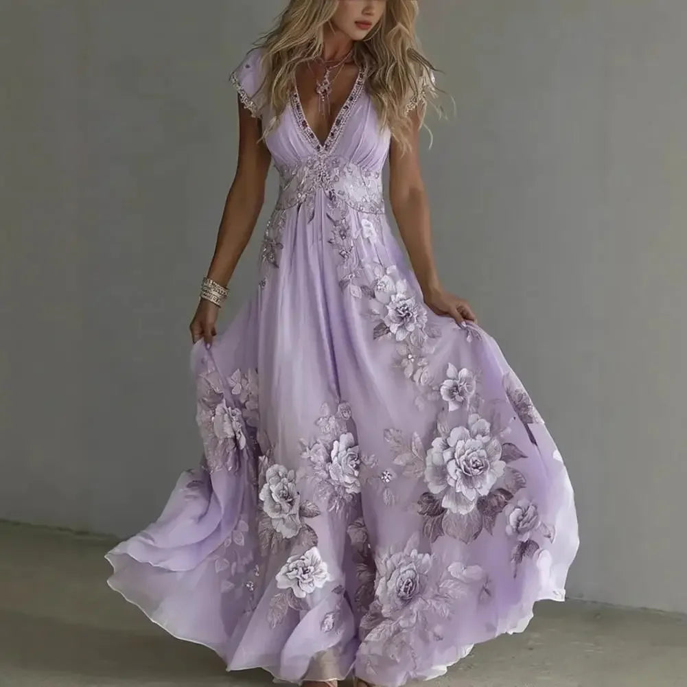 3d Pattern Women Summer Dress Floral Maxi Dress Short Sleeve V Neck A-line Swing Vestidos Floral Printed Beach Vacation Sundress