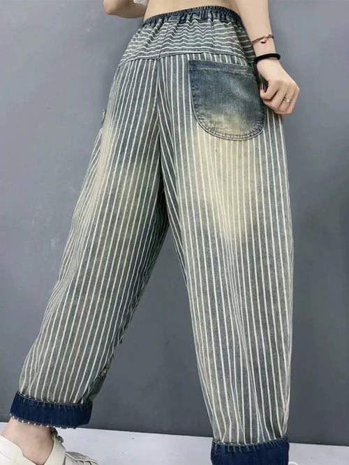 Amax LuluE 2024 Summer Females Fashion Denim Pants Women Loose Vintage Striped Design Jeans Ladies Casual Classic Harem Trousers