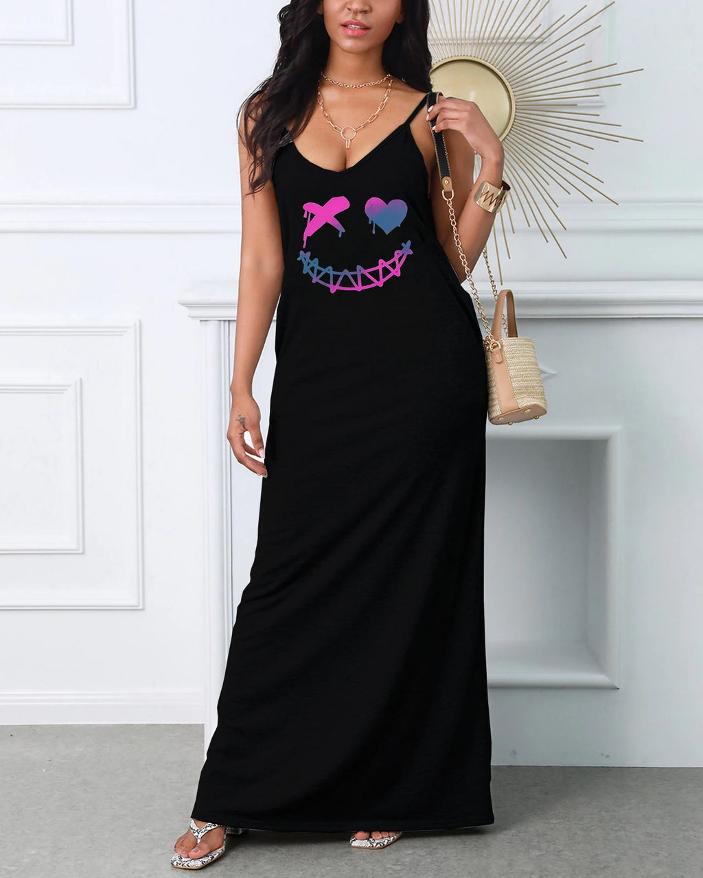 Women's Summer Love Letter Pattern Print Slim Fit V-Neck Sexy Fluffy Short Dress Women's Vacation Women's Clothing