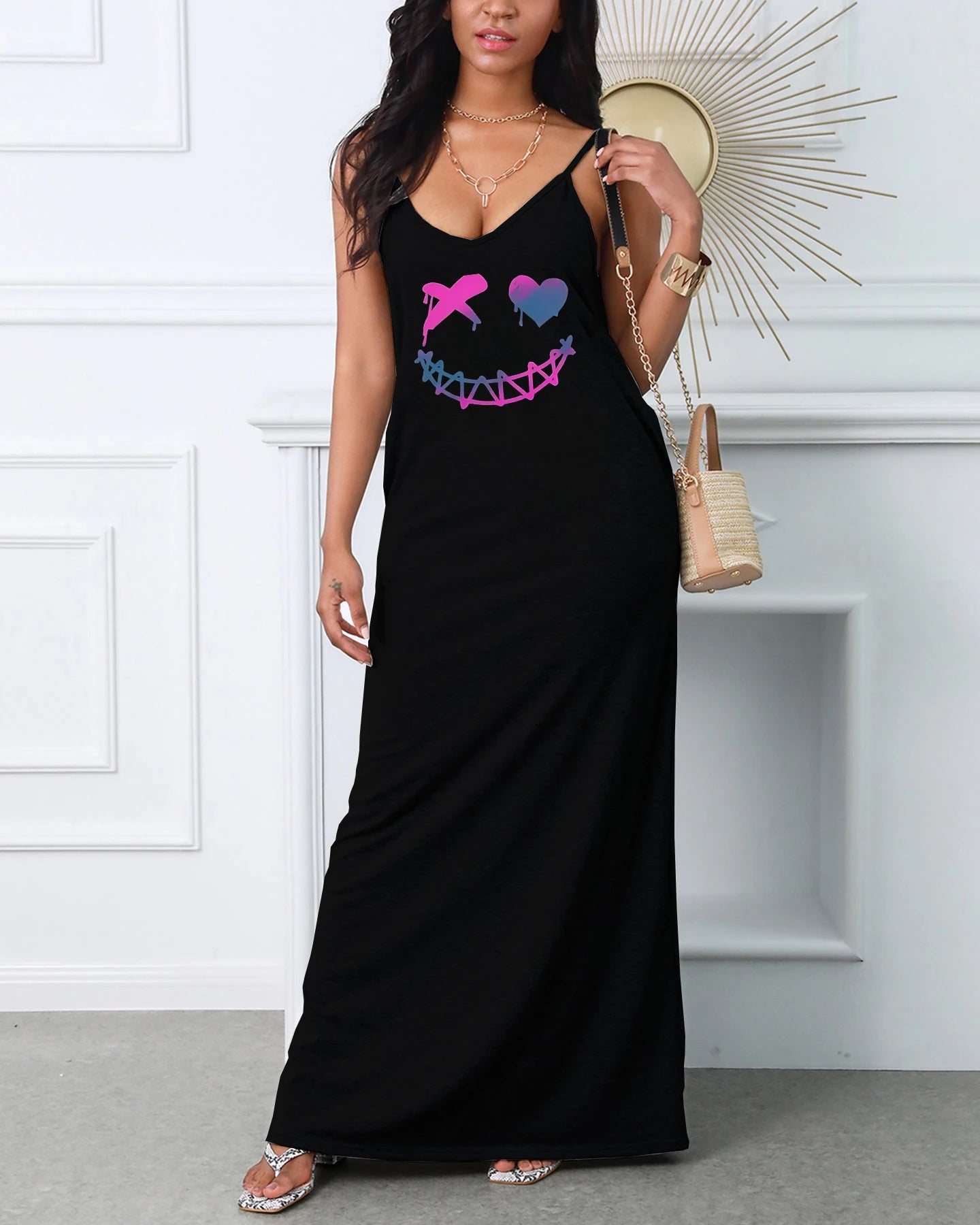 Women's Summer Love Letter Pattern Print Slim Fit V-Neck Sexy Fluffy Short Dress Women's Vacation Women's Clothing
