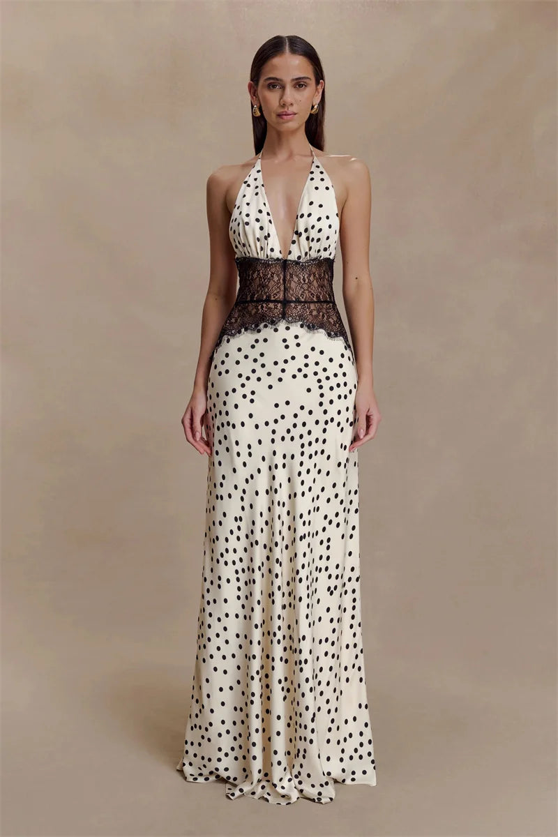 Mozision Polka Dot Backless Sexy Maxi Dress Women Gown Elegant Patchwork Lace Halter Deep V Neck Sleeveless Bodycon Club Dress