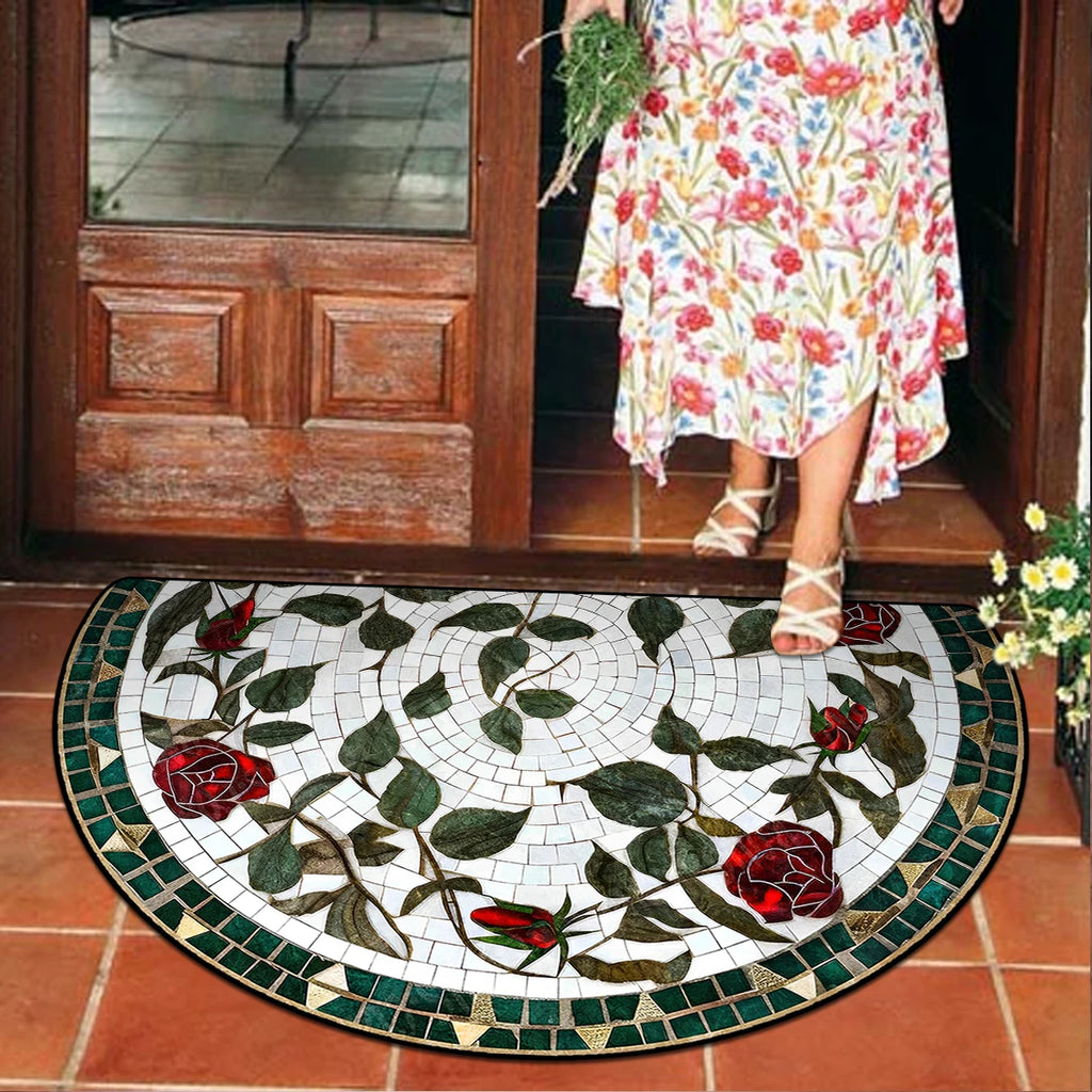 FLORAL SEMI-CIRCLE DOORMAT - Short-Loop Polyester, 8 Patterns & 9 Sizes - Soft Entries