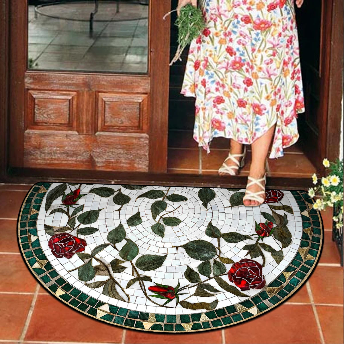 FLORAL SEMI-CIRCLE DOORMAT - Short-Loop Polyester, 8 Patterns & 9 Sizes - Soft Entries