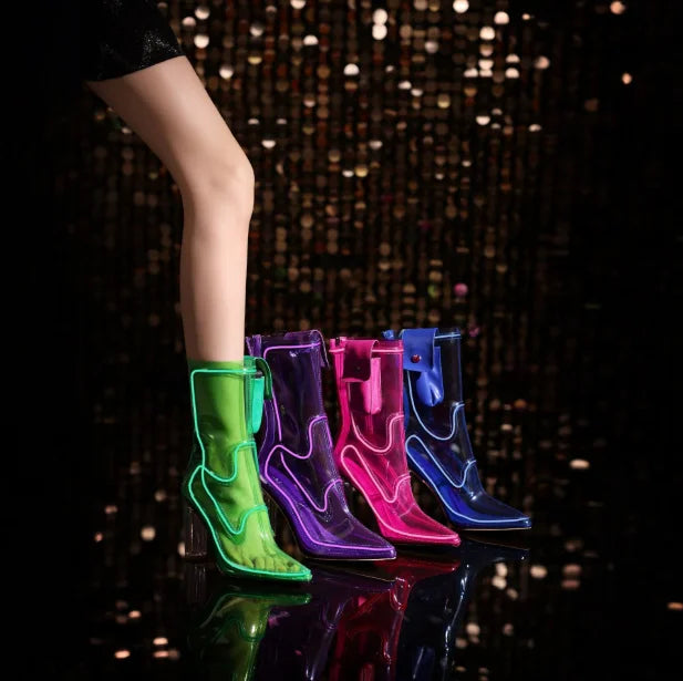 LED Transparent Ankle Boots - Block Heel - Nightlife Glow