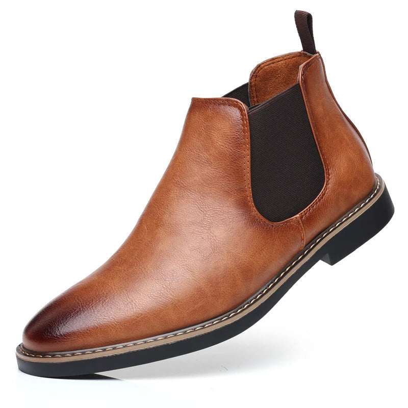 Men's PU Leather Chelsea Boots - Retro Pointed Toe Slip-On Waterproof Ankle Boots
