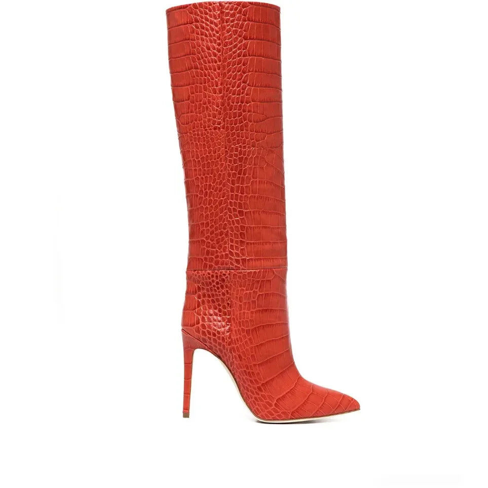 Croc-Embossed Knee-High Stiletto Boots