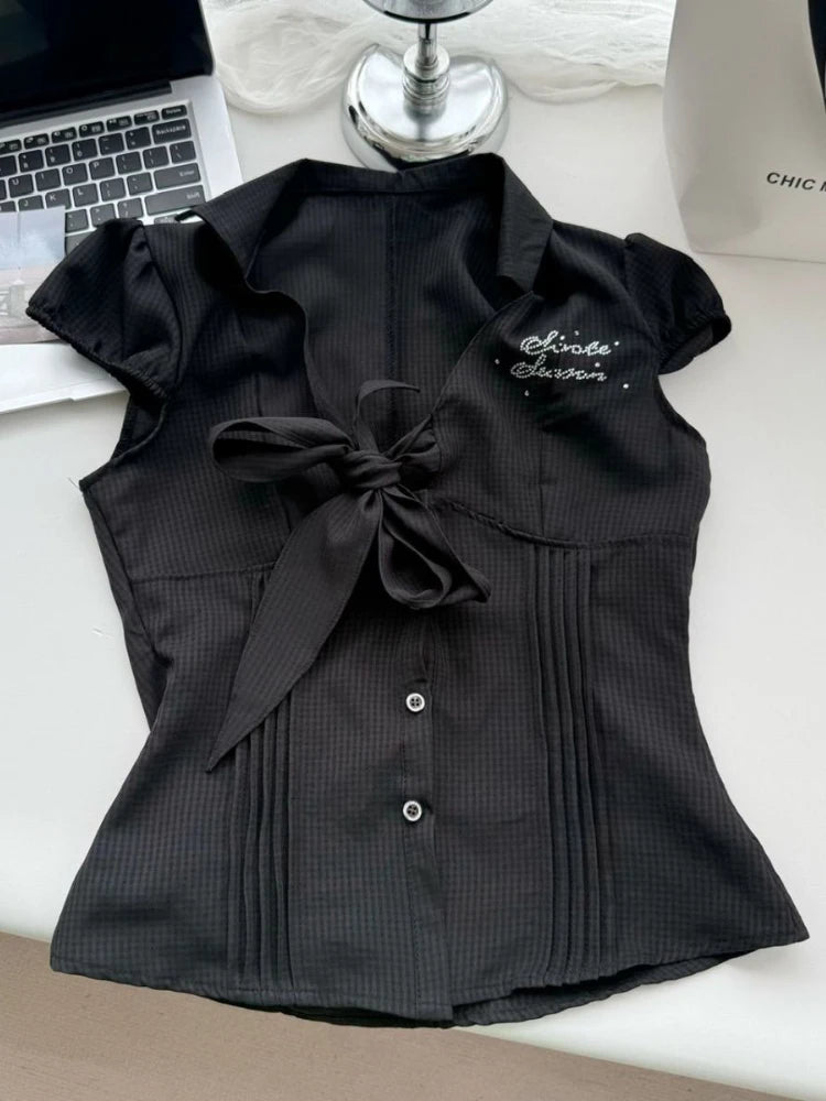 New Summer Vintage Polka Dot Shirt Women's Fashion Hot Girl Thin Slim Bow Short Sleeve T-Shirts Design Hepburn Chic Y2k Blouse